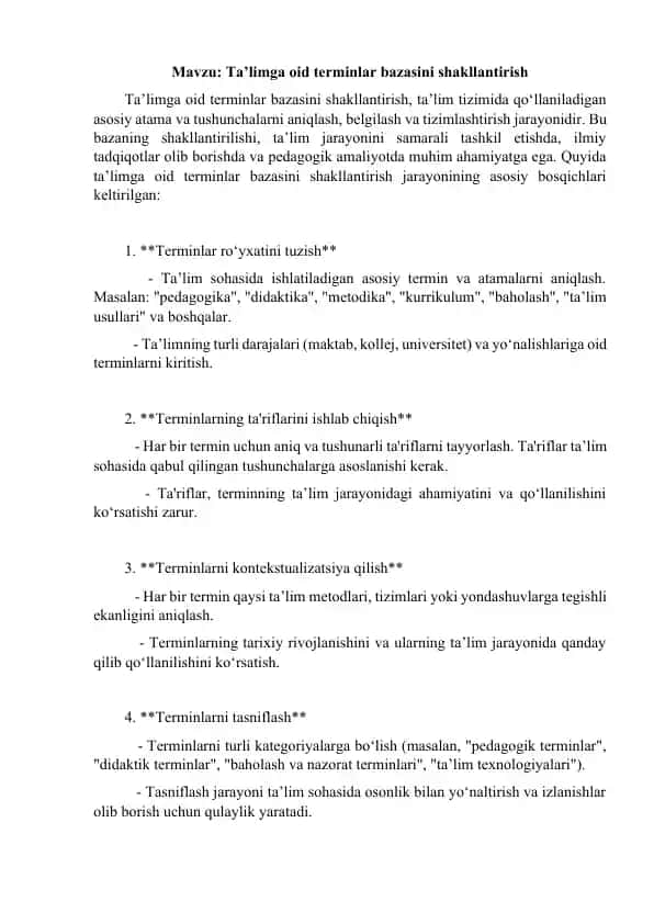 Ta’limga oid terminlar bazasini shakllantirish