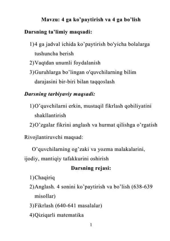 Darsning mavzusi va rejasi