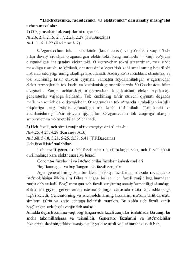 Elektrotexnika, radiotexnika va elektronika dan amaliy mashg‘ulot uchun masalalar