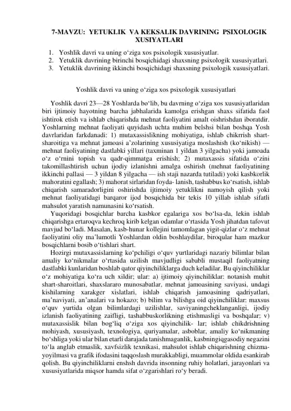 Yoshlik Davri va uning O‘ziga Xos Psixologik Xususiyatlar