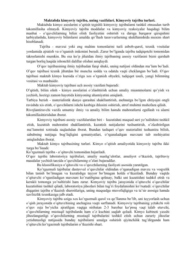 Maktabda Kimyoviy Tajriba va Uning Vazifalari