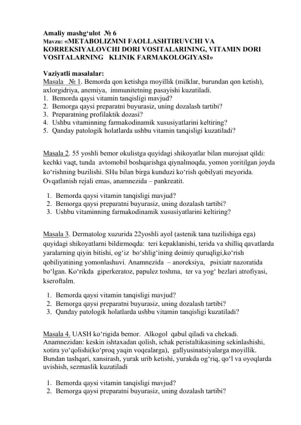 METABOLIZMNI FAOLLASHTIRUVCHI VA KORREKSIYALOVCHI DORI VOSITALARI
