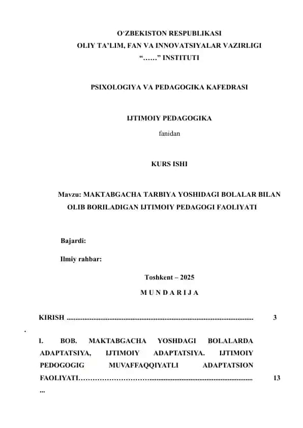 MAKTABGACHA TARBIYA YOSHIDAGI BOLALAR BILAN OLIB BORILADIGAN IJTIMOIY PEDAGOGI FAOLIYATI