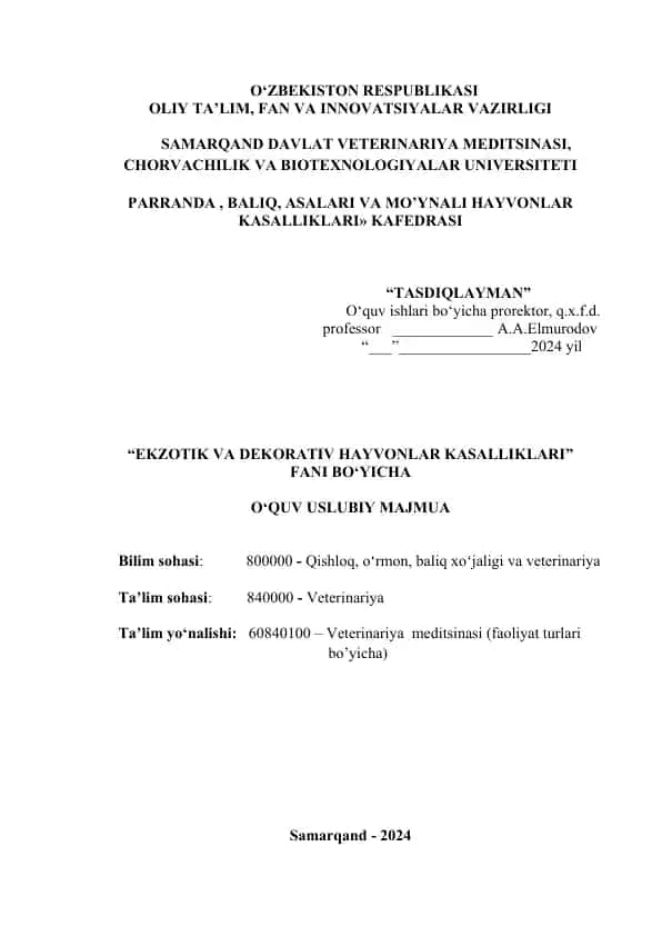 EKZOTIK VA DEKORATIV HAYVONLAR KASALLIKLARI