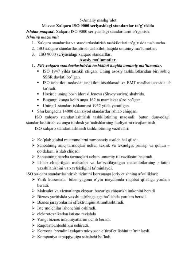 Xalqaro ISO 9000 seriyasidagi standartlar to’g’risida