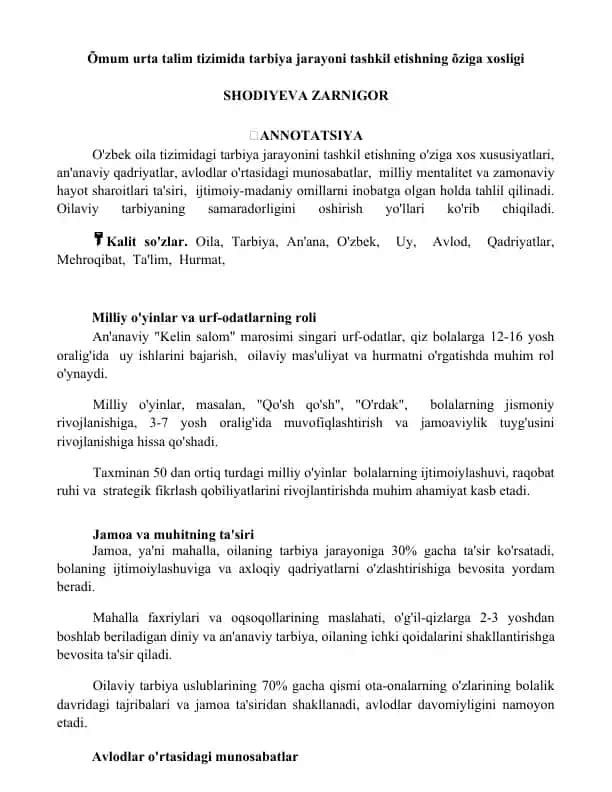 O'zbek oilasida ta'lim va tarbiya jarayonining o'ziga xosligi
