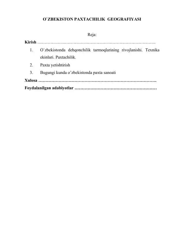 O`ZBEKISTON PAXTACHILIK GEOGRAFIYASI