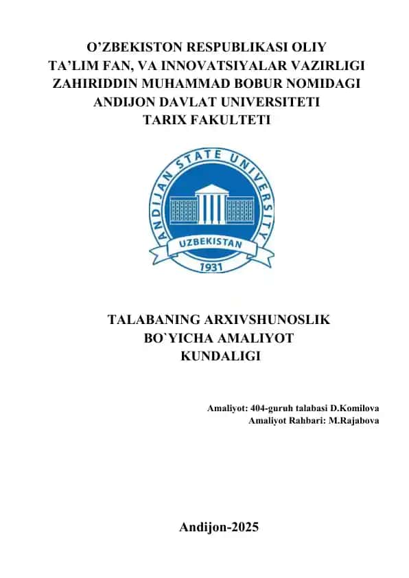Talabaning Arxivshunoslik Bo'yicha Amaliyot Kundaligi