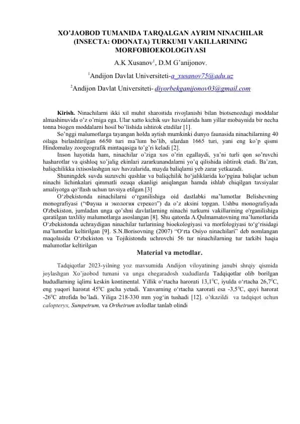 Ninachilar (Insecta: Odonata) Turkumi Vakillarining Morfobioekologiyasi