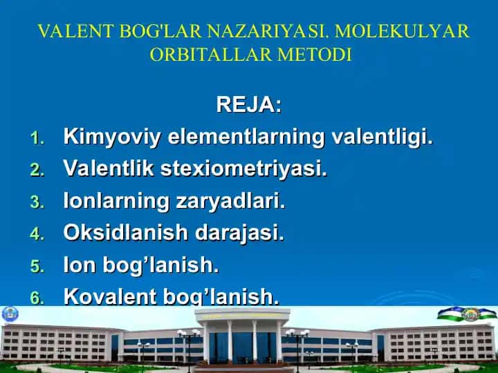 Kimyoviy bog‘lanishlar nazariyasi taqdimoti