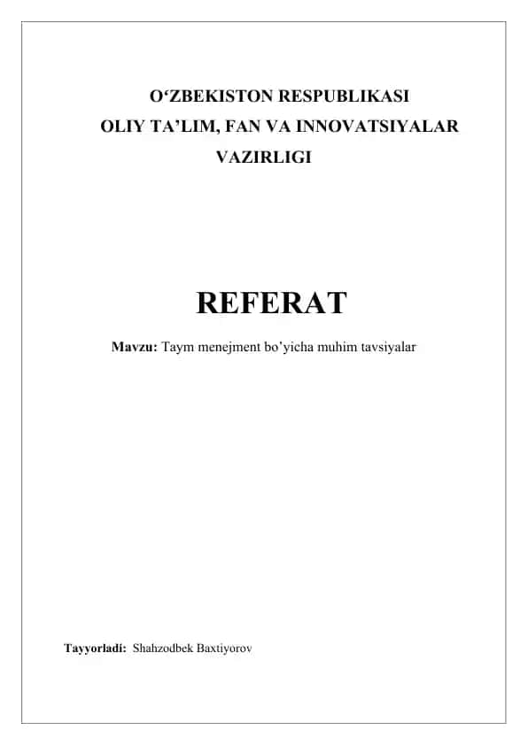 Taym menejment bo’yicha muhim tavsiyalar