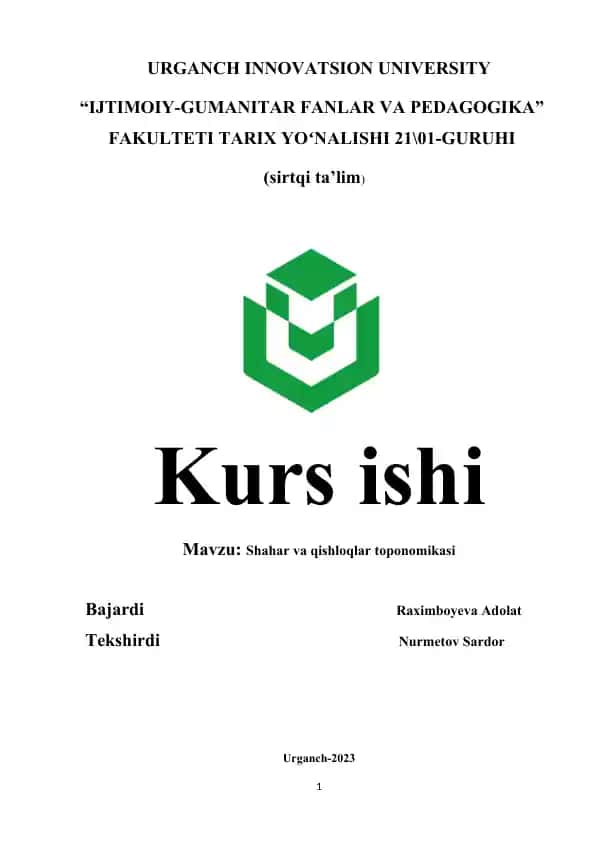 Shahar va qishloqlar toponomikasi kurs ishi