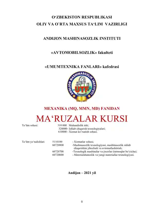 MEXANIKA (MQ, MMN, MD) FANIDAN MA‘RUZALAR KURSI