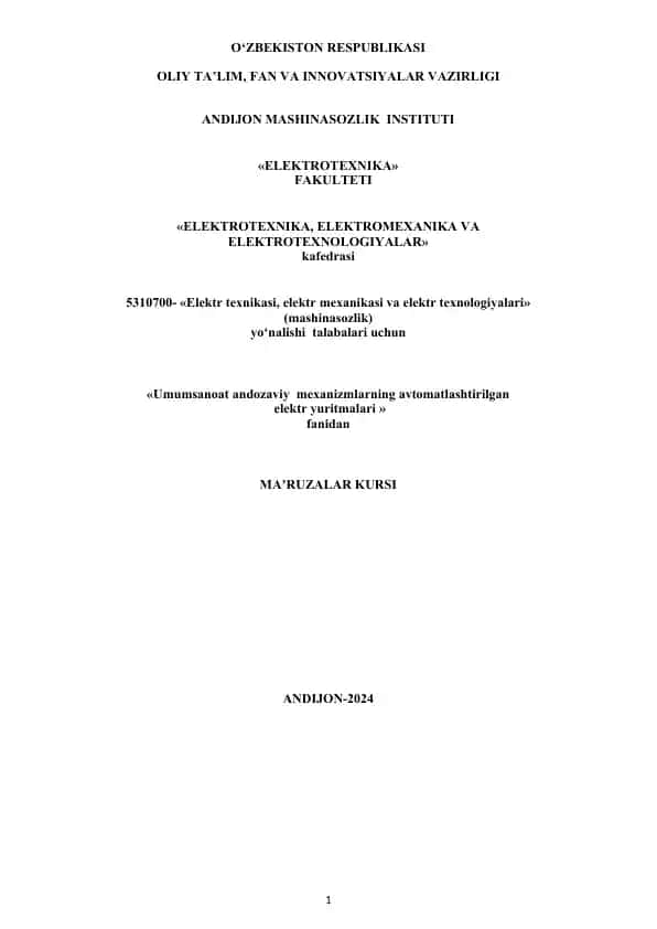 Umumsanoat andozaviy mexanizmlarning avtomatlashtirilgan elektr yuritmalari faniga oid ma'ruza kursi
