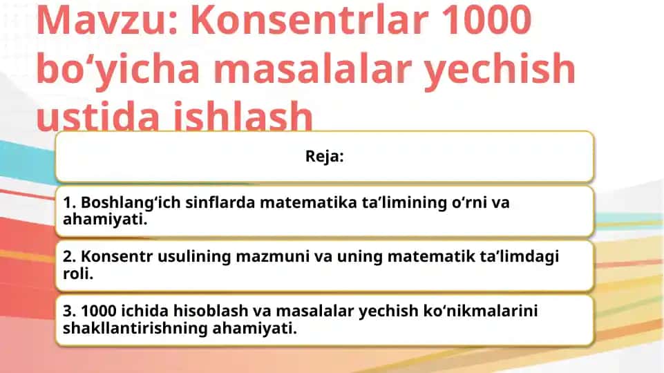 Konsentrlar 1000 bo‘yicha masalalar yechish ustida ishlash