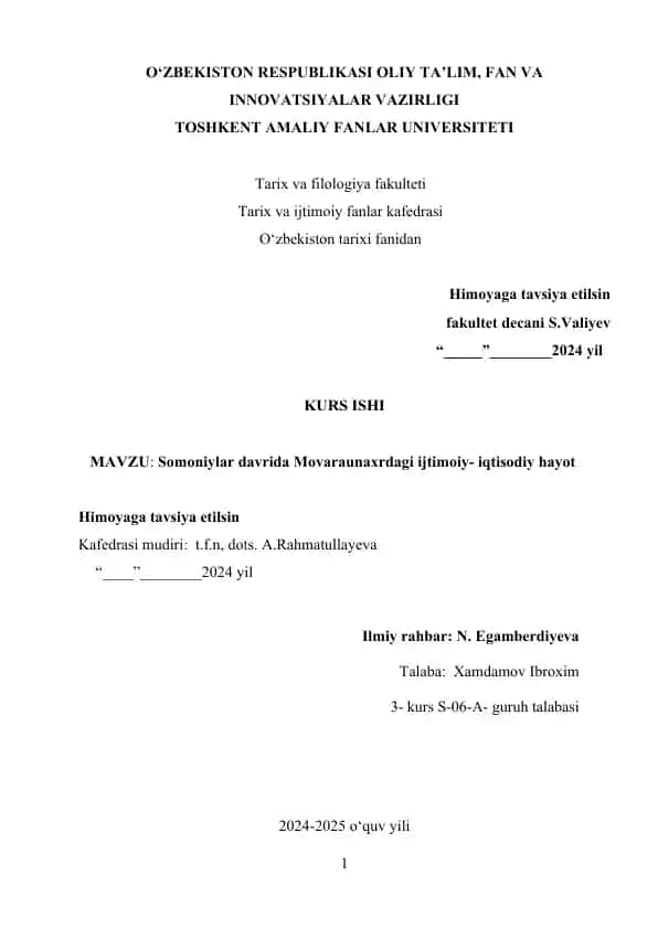 Somoniylar davrida Movaunahrdagi ijtimoiy-iqtisodiy hayot