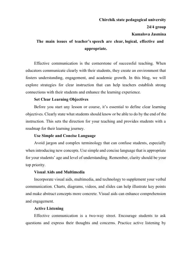 The Main Issues of Teacher’s Speech: Clarity, Logic, Effectiveness and Appropriateness