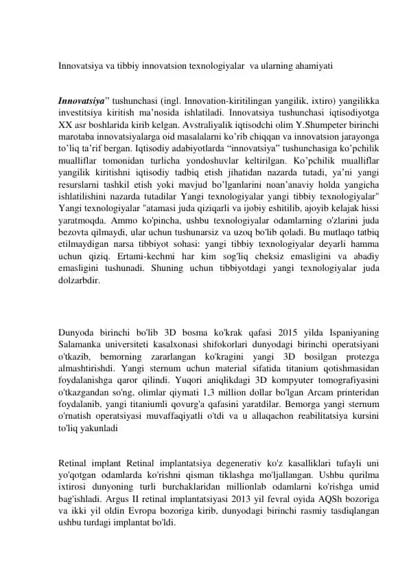 Innovatsiya va tibbiy innovatsion texnologiyalar va ularning ahamiyati