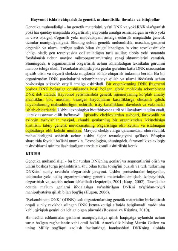 Hayvonot ishlab chiqarishda genetik muhandislik: ilovalar va istiqbollar