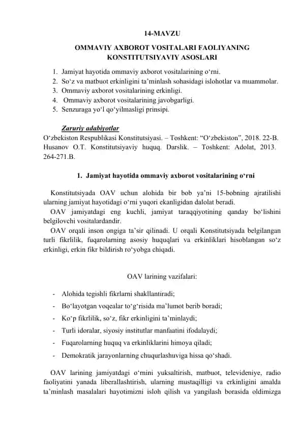 Ommaviy axborot vositalari faoliyaning konstitutsiyaviy asoslari