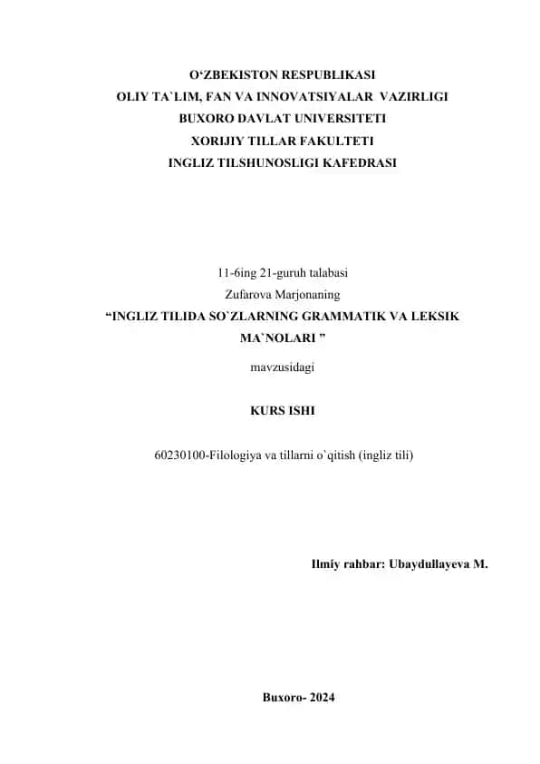 INGLIZ TILIDA SO`ZLARNING GRAMMATIK VA LEKSIK MA`NOLARI