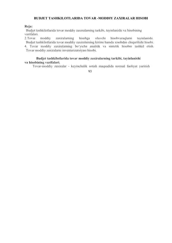 BUDJET TASHKILOTLARIDA TOVAR -MODDIY ZAXIRALAR HISOBI