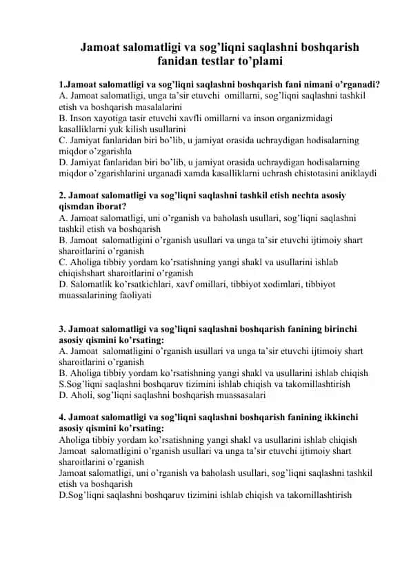 Jamoat salomatligi va sog’liqni saqlashni boshqarish fanidan testlar to’plami
