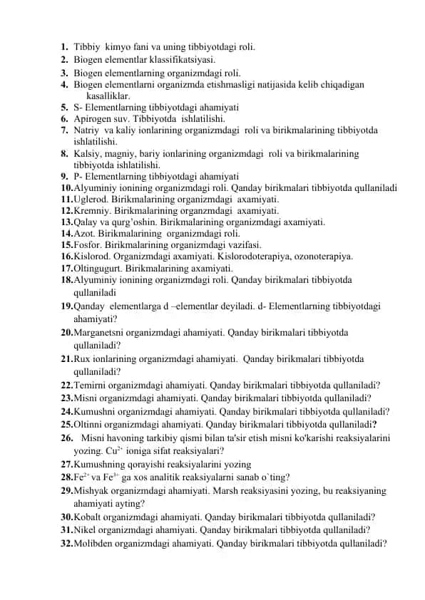 Biogen elementlar va ularning tibbiyotdagi roli