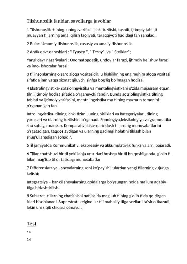 Tilshunoslik fanidan savollarga javoblar