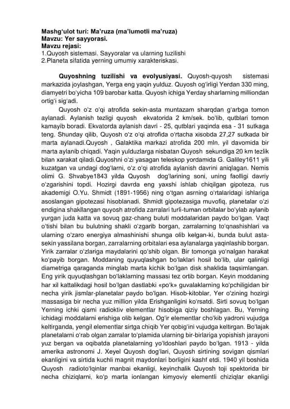 Yer sayyorasi ma’ruzasining tavsifi