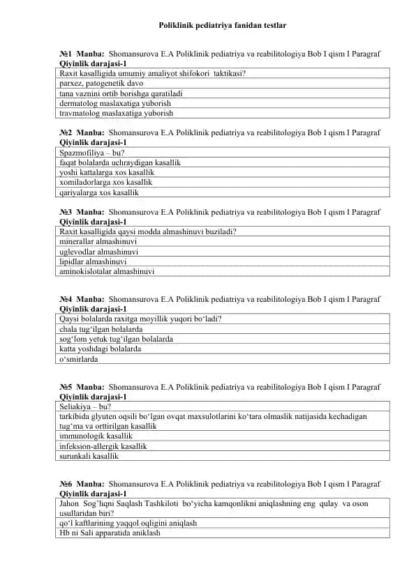 Poliklinik pediatriya fanidan testlar