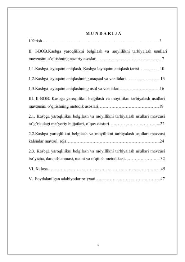 Kasbga yaroqlilikni belgilash va moyillikni tarbiyalash usullari