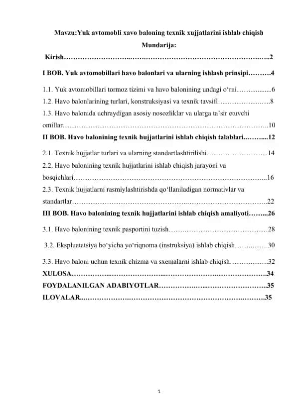 Yuk avtomobli xavo baloning texnik xujjatlarini ishlab chiqish