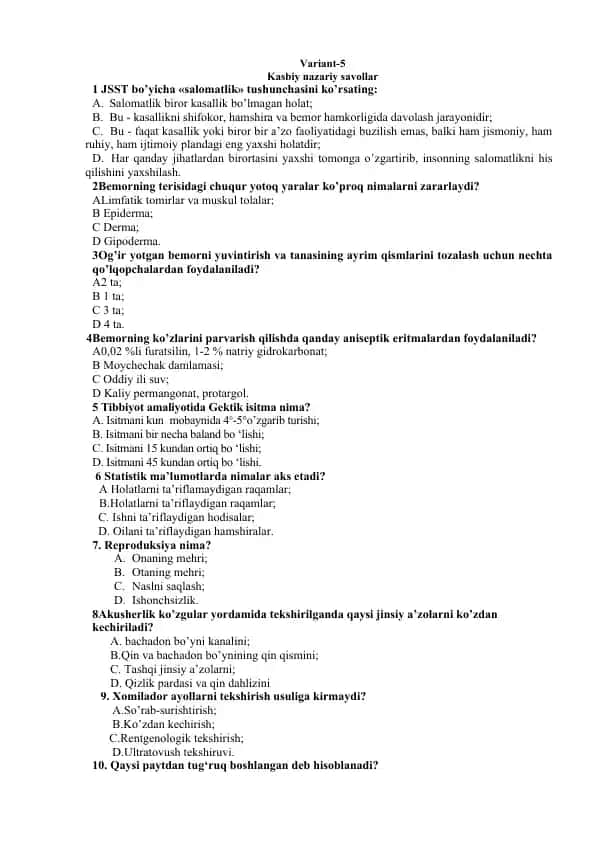Kasbiy nazariy savollar variantlari