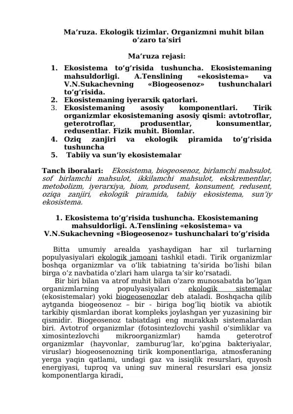 Ekologik tizimlar. Organizmni muhit bilan o’zaro ta’siri