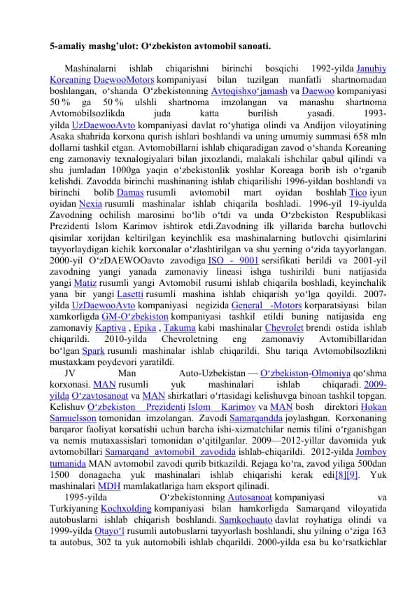 Avtomobil ishlab chiqarish bo'yicha mashg'ulotlar