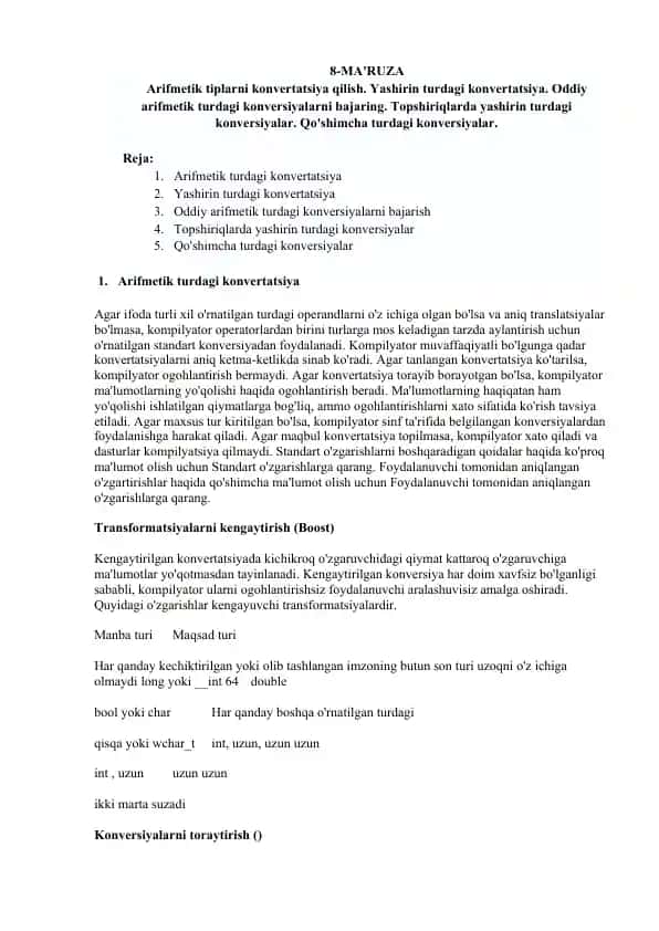 Arifmetik tiplarni konvertatsiya qilish