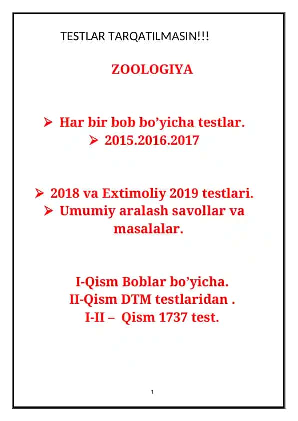 Zoologiya testlar to'plami