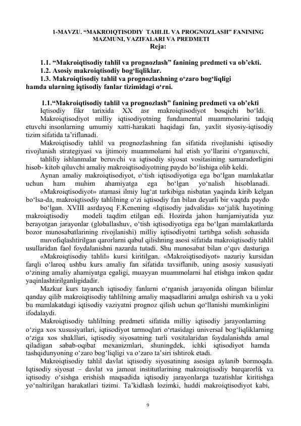 Makroiqtisodiy tahlil va prognozlash fanining mazmuni, vazifalari va predmeti