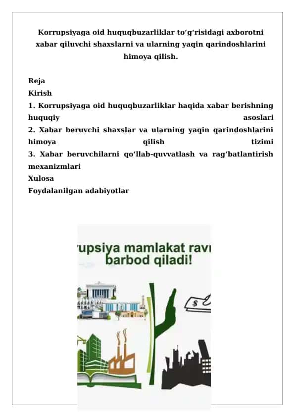 Korrupsiyaga oid huquqbuzarliklar axborotini xabar qilish