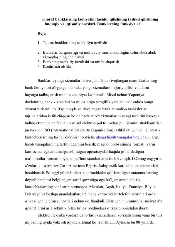 Tijorat banklarining tashkiliyu tuzilishi