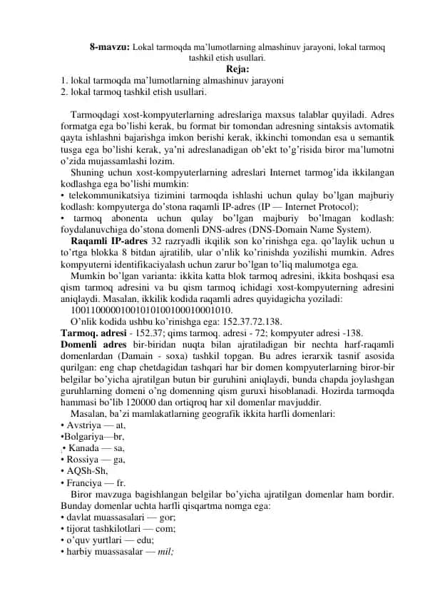 Lokal tarmoq tashkil etish usullari