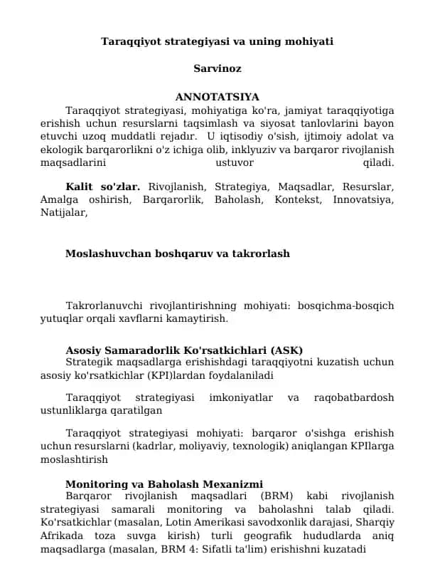 Taraqqiyot strategiyasi va uning mohiyati