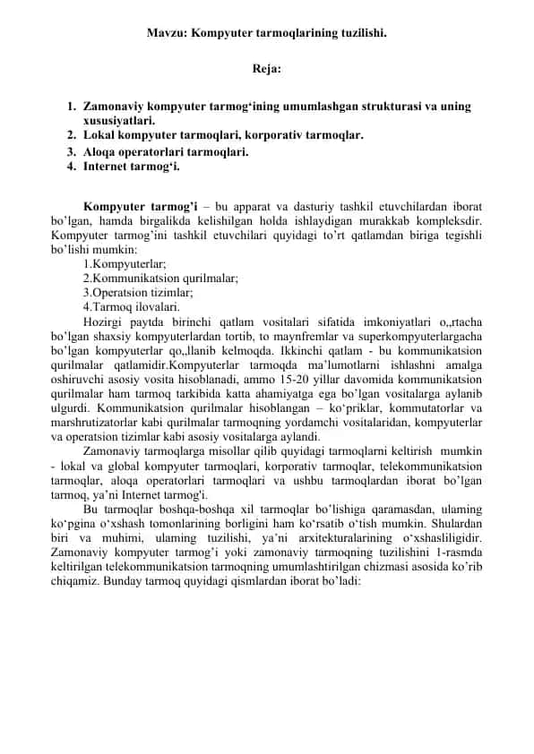 Kompyuter tarmoqlarining tuzilishi