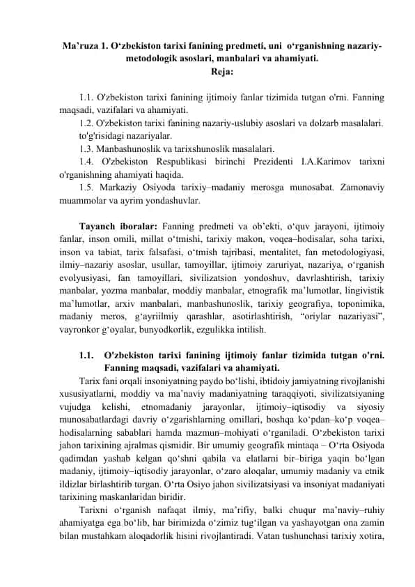 O‘zbekiston Tarixi Fanining Predmeti va Nazariy-Metodologik Asoslari