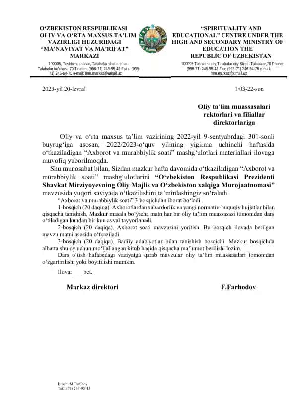 Axborot va murabbiylik soati mashg‘ulotlari materiali
