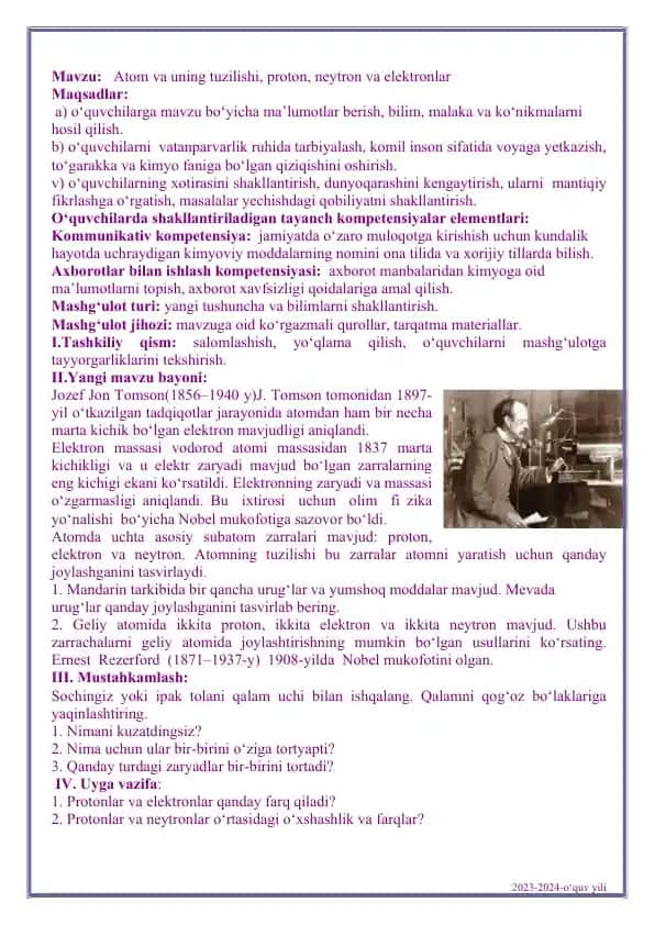 Atom va uning tuzilishi, proton, neytron va elektronlar