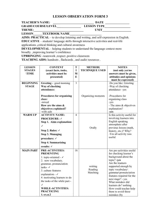 Lesson Observation Form 3