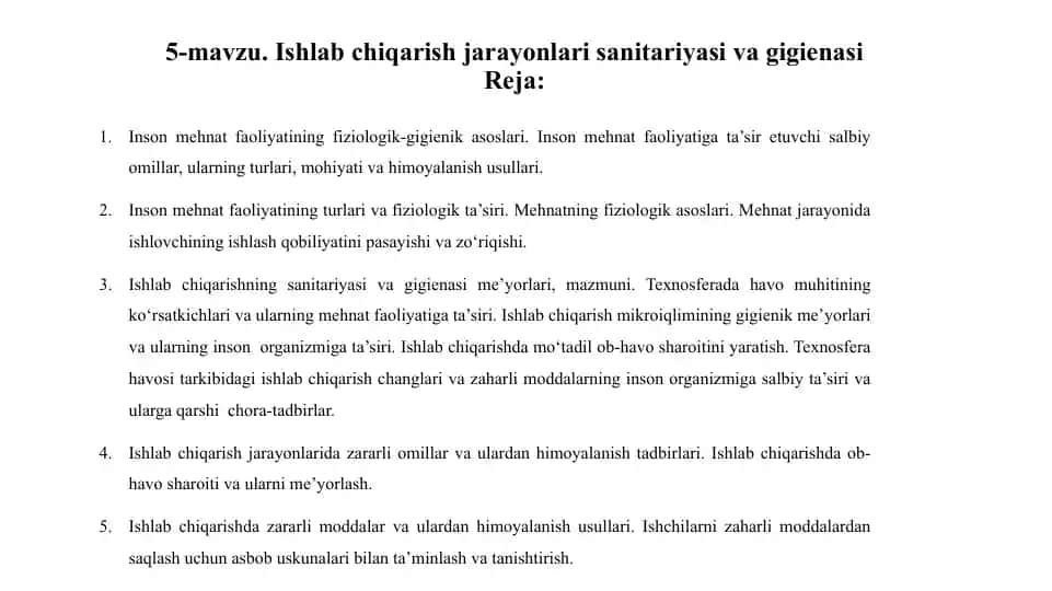 Ishlab chiqarish jarayonlari sanitariyasi va gigienasi