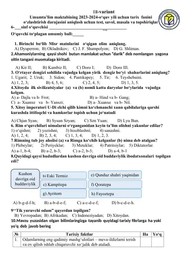Umumta’lim maktabining 2023-2024-o‘quv yili uchun tarix fanini o‘zlashtirish darajasini aniqlash uchun test, savol, masala va topshiriqlar